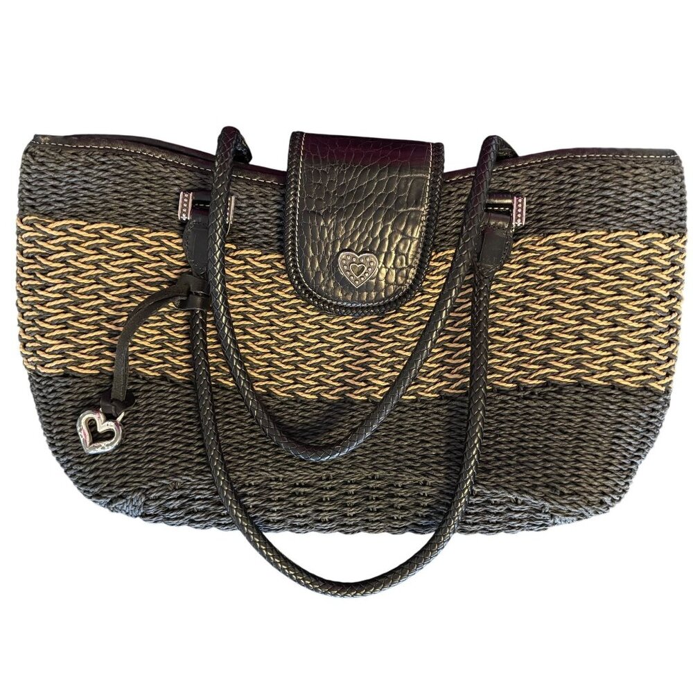 The Savannah Black & Tan Braided Woven Handbag By Brighton With Heart Charm Acce - Picture 9 of 14